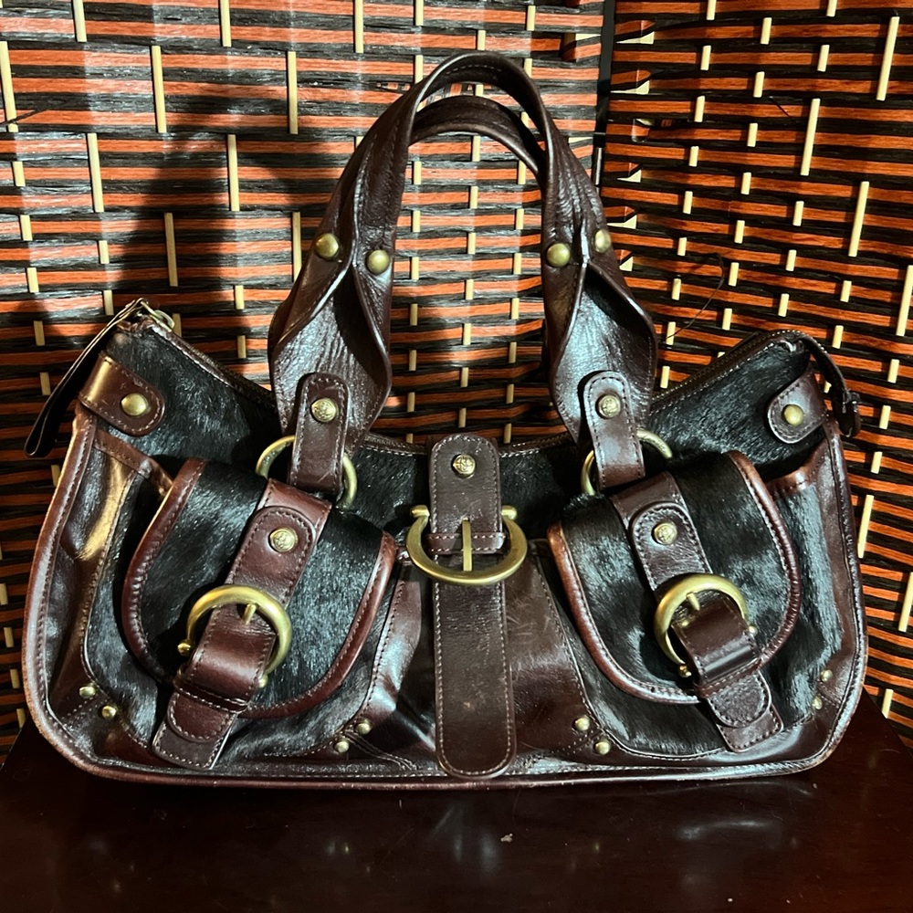 Kate Landry Leather and Black Cowhide Purse with Brass Hardware